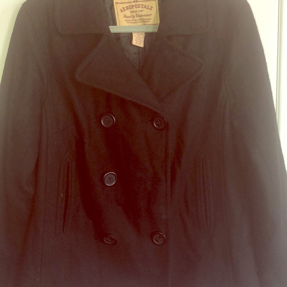 Black wool blend pea coat jacket